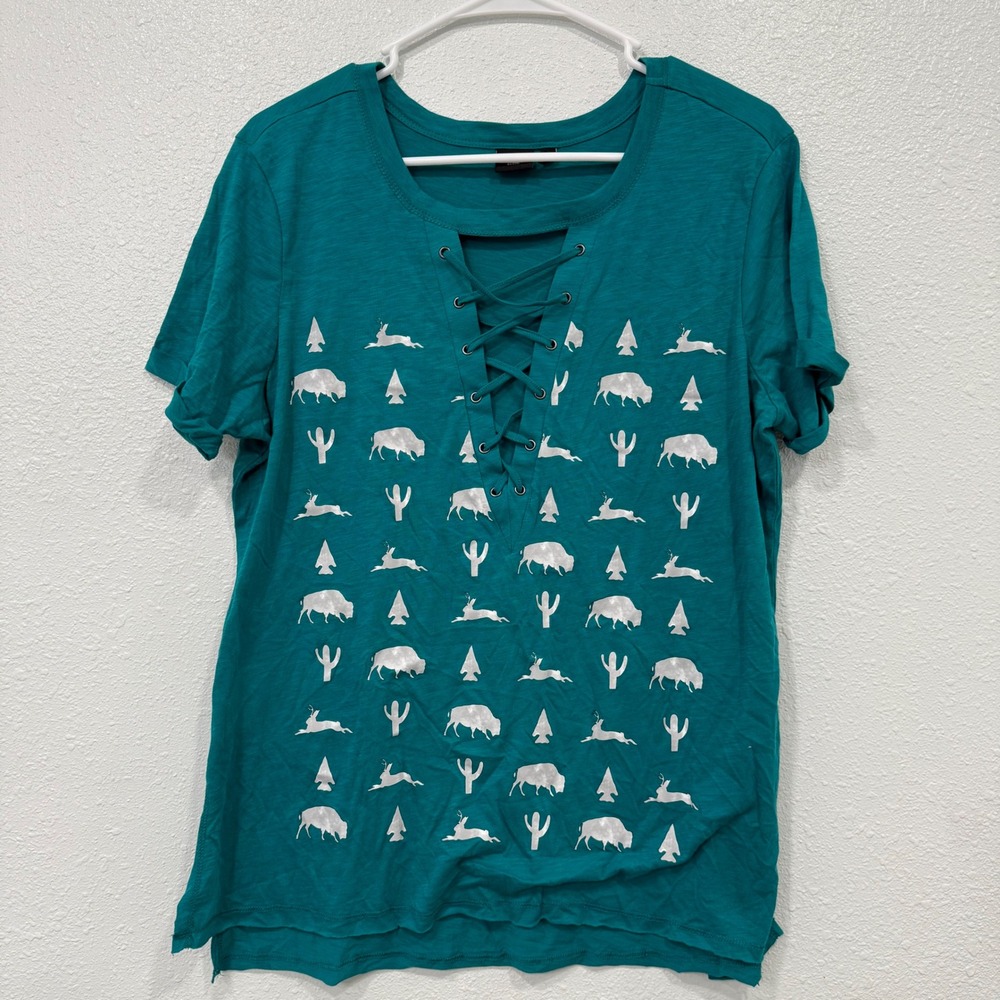 Cruel Denim Womens Turquoise Lace‎ Up T Shirt Medium Buffalo Deer Cactus